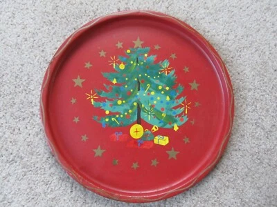 VINTAGE Christmas Tree MCM Red Round Serving Tray - NASHCO Products, New York - Image 1 of 4