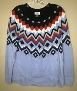 Suéter Antiguo Azul Marino Mediano Fair Isle Caída Azul Agua y Rojo Pullover Cuello Redondo - Imagen 1 de 6