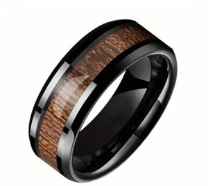 Anello Uomo Misura 9-13 Acciaio Inox Marrone Legno Intarsiato Lucido - Foto 1 di 6