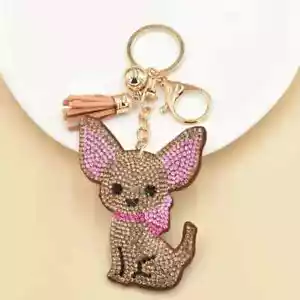 Cartoon Chihuahua Keychain Rhinestone Animal Pet Dog Key Chain with tassel NEW - Picture 1 of 5