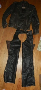 Vtg Leather Gallery Jacket S & Chaps 3xS Brown Motorcycle Biker Bomber - Picture 1 of 17