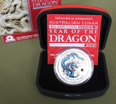 Silbermünze Lunar II 2012 Drache 1 Oz blau farbig Coin Show Special ANDA Sydney - Bild 1 von 4