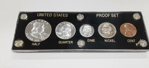 1951 United States Mint 5 Coin Proof Set in Black Capital Holder 90% Silver (E) Cover