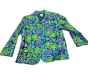 Chicos Shimmering Green/Blue /Gold  Swirly Womens Jacket Size 2 Flared Bottom - Picture 1 of 11