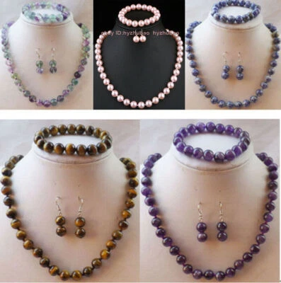Juego de pendientes collar de cuentas redondas gemas amatista/fluorita de 10 mm pulsera de 18" de 7,5" Foto 1 de 4
