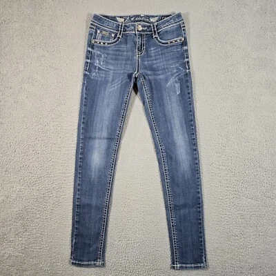 LA Idol Jeans Women 5 27x31 Blue Skinny Low Rise Embellished Jeweled Distressed - Image 1 of 4