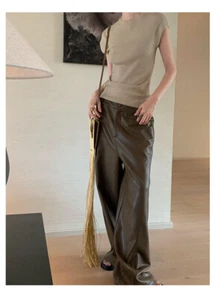Womens Spring Fall PU Leather Trousers Pants Wide Leg Casual High Waist Pants - Picture 1 of 11