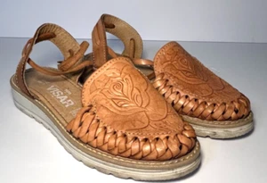 Mexican Sandals Women's Size 5 Leather Huarache Embossed Rose Lace-Up Straps - Picture 1 of 9