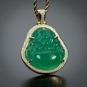 Mens 14K Gold Plated Cz Green Jade Mini Buddha Pendant & Chain Necklace Set - Picture 1 of 4