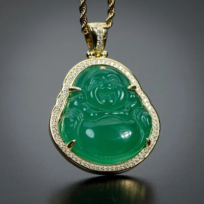 Juego de collar colgante y cadena mini Buda jade verde circonita cúbica chapado en oro de 14K para hombre Foto 1 de 4