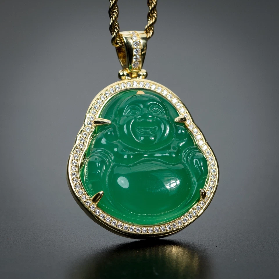 Juego de collar colgante y cadena mini Buda jade verde circonita cúbica chapado en oro de 14K para hombre Foto 1 de 4