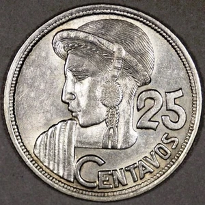1958 GUATEMALA - 25 CENTAVOS - NATIVE BUST / QUETZAL ON PILAR - UNC SILVER - Picture 1 of 3