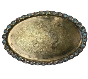 Vintage Mid Century Moroccan Style 24” X 16" 2 Foot Oval Brass Tray / Table Top - Picture 1 of 12