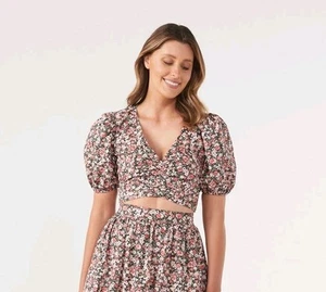 Commonry Top Blouse Womens Size 18 Ditsy Floral Print Cropped Puff Sleeve - Picture 1 of 10