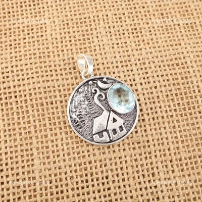 Topazio Blu Cielo Pietra 925 Argento Sterling Art Déco Sorella Boho Pendente - Immagine 1 di 4