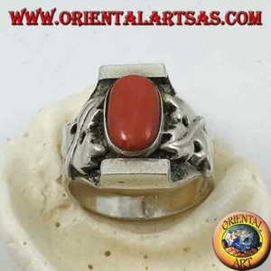 Anello in Argento 925‰ corallo antico Tibetano e montatura Nepalese con foglie - Foto 1 di 2