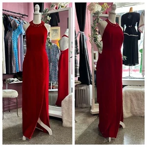Vintage 80s 90s Maxi Dress Velvet Red Rhinestones Halter Neck Holiday Party M/L - Picture 1 of 8