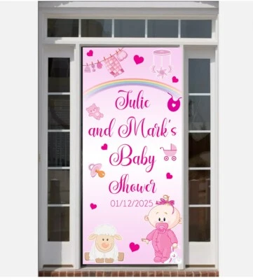 Póster personalizado rosa baby shower cualquier nombre texto evento puerta pancarta Foto 1 de 2