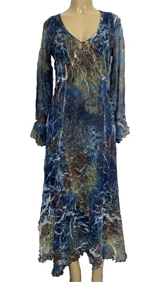 Komarov Dress Maxi V Neck Long Sleeve Crinkle Blue Multi Color Lined Long M - Image 1 of 4
