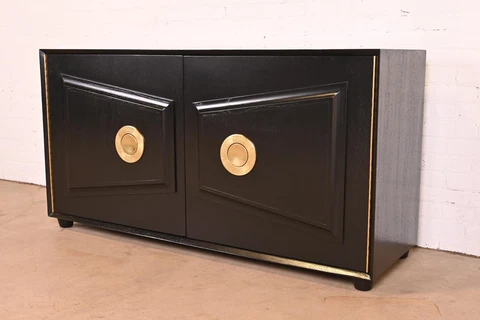 Karpen of California Black Lacquered Sideboard or Bar Cabinet, Newly Refinished Cover