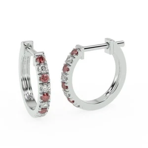 Natural 0.30 Ct Ruby & Round Diamond Hoop Earrings In White Gold For Her - Picture 1 of 7