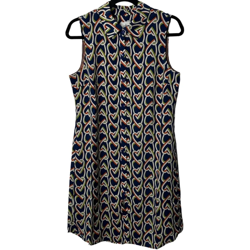 CAbi 5370 Blue Heart Print Button Down Sleeveless Armour Shirt Dress S Duster - Image 1 of 4