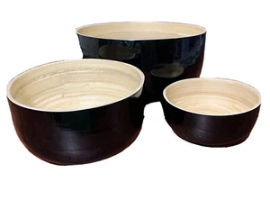 Vietnam Bamboo 3 Bowl Set Nesting Black Lacquer Salad Serving Decor Fair Trade - Picture 1 of 9