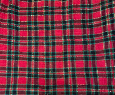 FABRIC CLOTH RED GREEN BLACK METALLIC TARTAN PLAID  1Y  X 44" W CRAFT QULT WEAR - Image 1 of 2