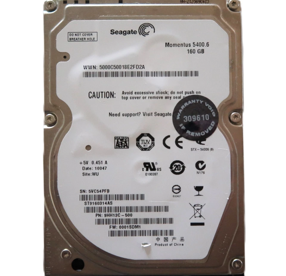 ST9160314AS PN: 9HH13C-500 FW:0001SDM1 (5VC5) WU China 160gb 2.5" Sata JUL/2009 - Image 1 of 1