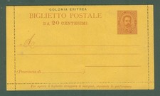 Storia postale colonie. ERITREA. Biglietto postale da cent.20 arancio...