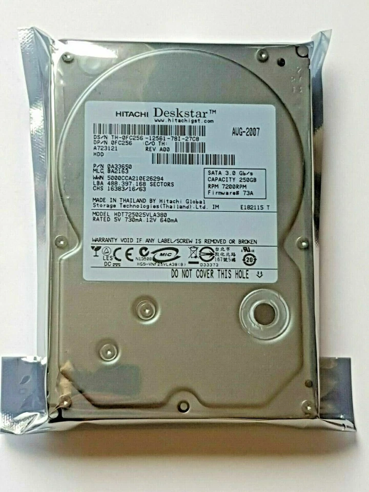 250 GB SATA Hitachi Deskstar HDT725025VLA380 7200rpm 8MB 3.5 " Hard Drive New - Image 1 of 1