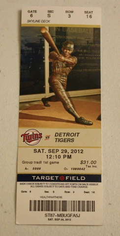 Minnesota Twins September 29th 2012 Ticket Stub Justin Verlander 124 Win Cover