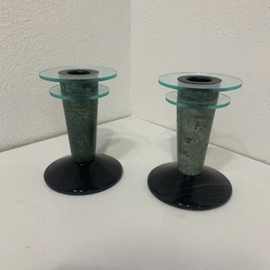 Postmodern MCM Pair Green Black Marble & Lucite Candlestick Holders 5” - Picture 1 of 9