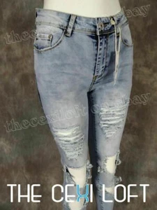 Pantalones de mezclilla para mujer premium ajustados destruidos rasgaduras y agujeros descoloridos azul lavado - Imagen 1 de 7