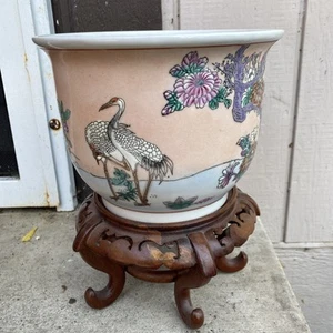 Vintage Chinese Porcelain Pot Planter Floral Crane Landscape Gold Bonsai + Stand - Picture 1 of 8
