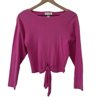 Christian Dior Vintage 80s Crop Top S Pink 3/4 Sleeve Front Tie Blouse Designer - Image 1 of 4