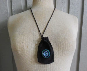 Abalone Shell Black Suede Leather Beaded Drawstring Necklace Pouch Medicine Bag  - Picture 1 of 9