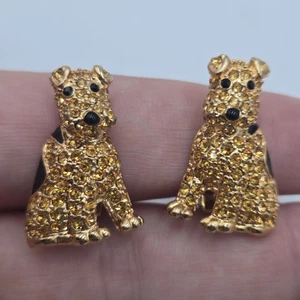 Orecchini Vintage Cane Tono Oro Strass Clip On Terrier Smalto Nero Scintillante - Foto 1 di 5