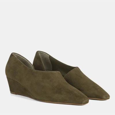 Vince Barolo Suede Wedge Heel Size 6.5 Olive Green Square Toe Casual D'Orsay - Image 1 of 4