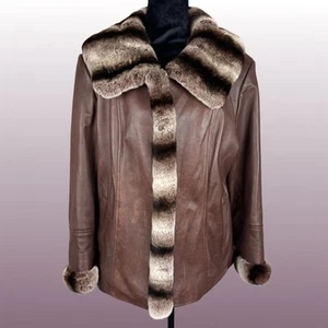 Abrigo de cuero marrón Chosen Couture con ribete de piel de conejo talla extra grande XL - Imagen 1 de 18