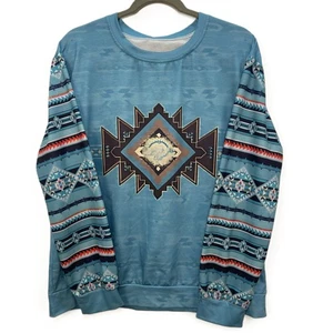 Native Aztec Blue Geometric Crewneck Sweatshirt Long Sleeve Unisex XL - Bild 1 von 6