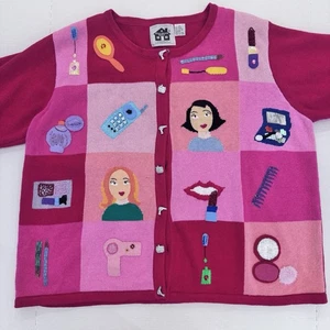 Vintage Storybook Strick rosa rot Knopfleiste Cardigan Lippenstift Make-up Haare Gr. 2XL - Bild 1 von 7