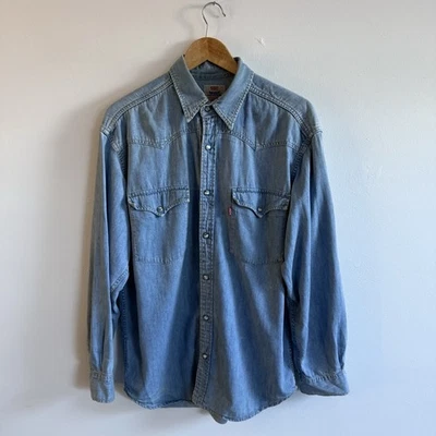 Levis Vintage Denim Shirt Men’s Medium Blue Long Sleeve Button Up Western USA - Image 1 of 4