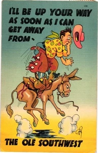 Vintage "The Ole Southwest" Cowboy Horse ca 1940s Linen Postcard - Picture 1 of 2