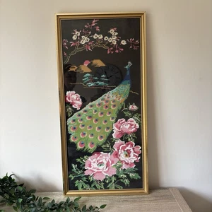 Arte de pared bordado con aguja floral de pavo real enmarcado vintage - Imagen 1 de 10