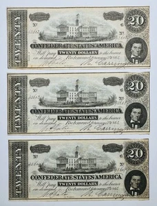 Billete de 20 dólares de los Estados Confederados de América de 1864 T67 3 consecutivos UNC - Imagen 1 de 2