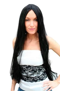 Carnival: Super Long Black Wig Parted Straight Hair Witch Bad Fee 80 CM - Picture 1 of 3