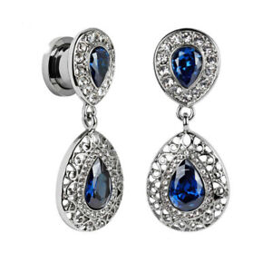 DANGLE SILVER BLUE GEM Ear Plugs Piercing Tunnel Stretchers Jewellery PL179