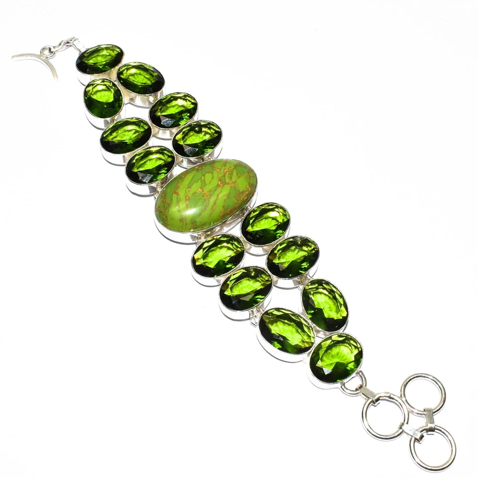 Green Copper Turquoise & Peridot 925 Silver Jewelry Bracelet 7-8" A-1 F813 - Image 1 of 4