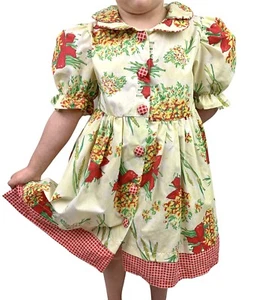 Vintage girls Rachel’s kids size 5 dress yellow floral red plaid puffy sleeve - Picture 1 of 9